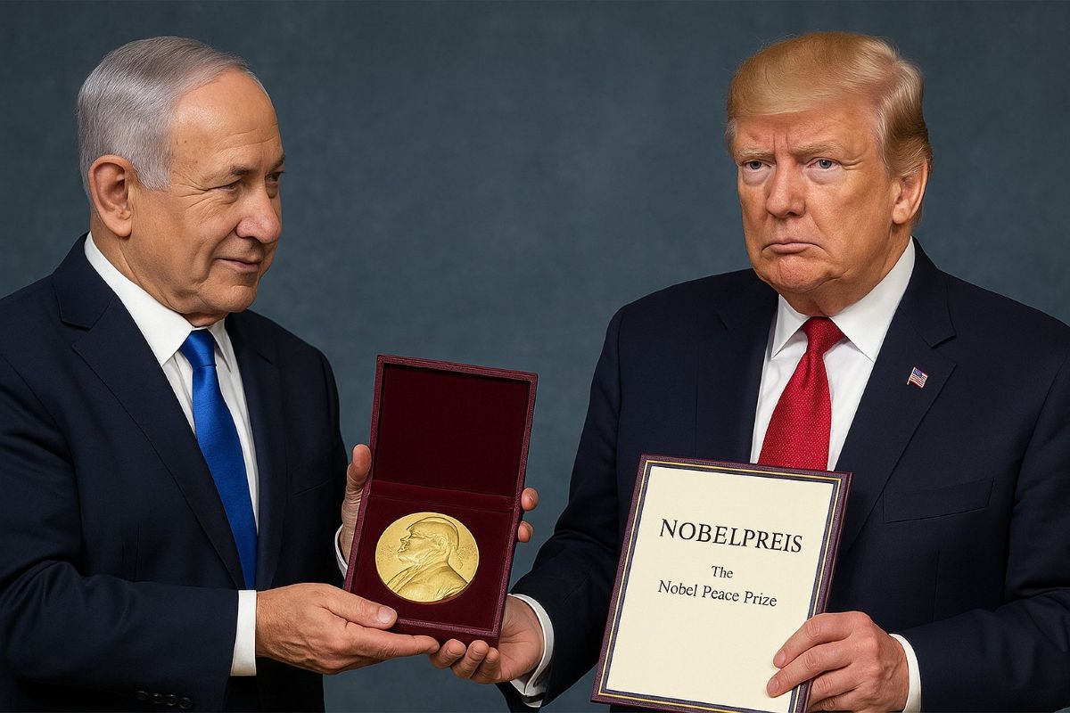 Netanyahu consegna a Trump il Premio Nobel in un fotomontaggio ironico. L’immagine virale sui social dopo le ipotesi dei media americani